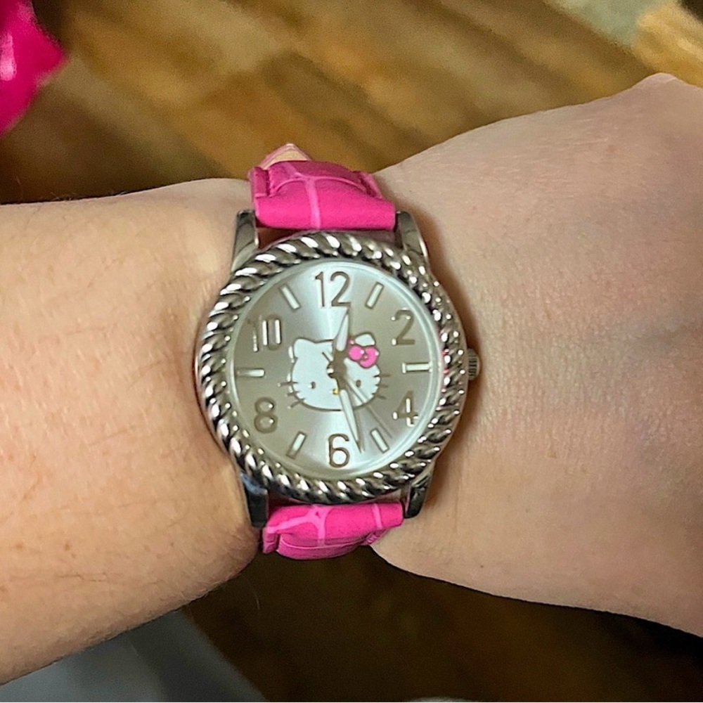 Hello Kitty Silver Dial Watch with Pink Strap